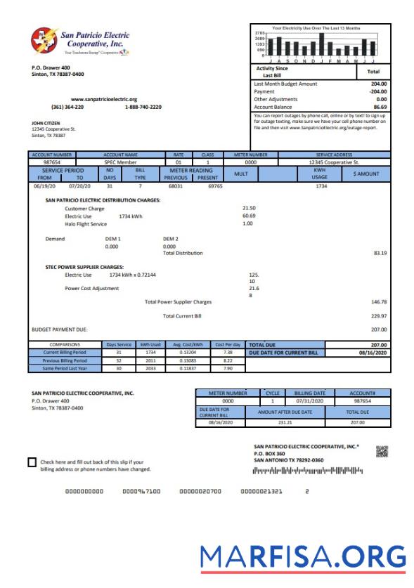 Blank USA Texas San Patricio Electric Corporative utility bill template in Word and PDF (.doc and .pdf) format
